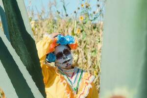 messicano donna nel colorato vestito e cranio trucco nel il messicano deserto cactus foto