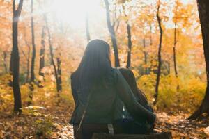 madre con sua figlia seduta su un' ceppo nel autunno parco. singolo genitore e stagione concetto. foto