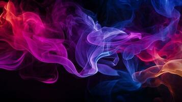 vorticoso colorato Fumo modelli contro un' nero sfondo, ai generato foto