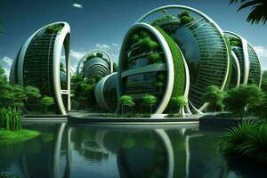 un' futuristico eco-friendly città. il innovazioni di un eco-friendly metropoli. verde tecnologia concetto. generativo ai foto