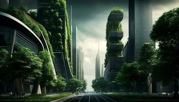 un' futuristico eco-friendly città. il innovazioni di un eco-friendly metropoli. verde tecnologia concetto. generativo ai foto