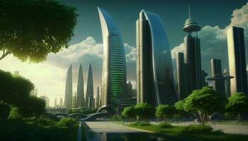 un' futuristico eco-friendly città. il innovazioni di un eco-friendly metropoli. verde tecnologia concetto. generativo ai foto