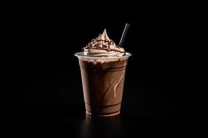 cioccolato frappè nel plastica porta via tazza isolato su nero sfondo. ai generato foto