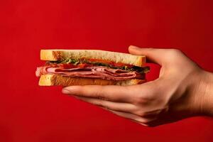 mano Tenere gustoso Sandwich su un' rosso sfondo. ai generato foto