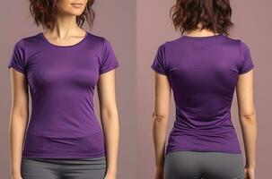 foto realistico femmina viola magliette con copia spazio, davanti, e indietro Visualizza. ai generato