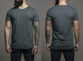 foto realistico maschio grigio magliette con copia spazio, davanti, e indietro Visualizza. ai generato
