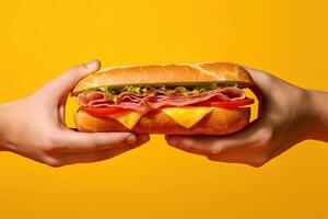 mano Tenere gustoso Sandwich su un' giallo sfondo. ai generato foto