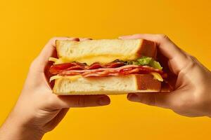 mano Tenere gustoso Sandwich su un' giallo sfondo. ai generato foto