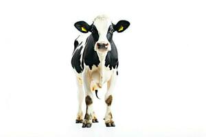ritratto di un' mucca. macchiato mucca guardare a telecamera contro bianca sfondo. ai generativo foto