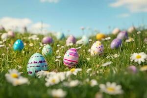 Pasqua uova su erba. primavera prato pieno di fiori e Pasqua uova ancora vita. foto