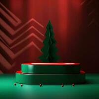 palcoscenico con rosso le tende e riflettore. rosso verde tema podio palcoscenico In piedi per Schermo prodotti. foto