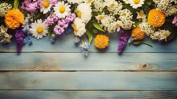 mazzo di giallo fiori. giardino fiori al di sopra di di legno sfondo. copia spazio. piatto posizione. foto