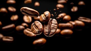 caffè fagioli sfondo arrostito caduta o volante caffè fagioli su nero sfondo. ai generato foto