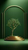 ancora vita con un' vaso verde e oro podio In piedi con d'oro astratto albero. ai generato foto