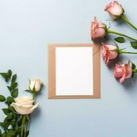 mazzo di Rose con vuoto carta. modello invito vuoto saluto carta e fiori. ai generato foto
