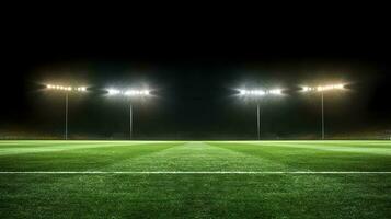 stadio luci nel il notte. verde calcio campo luminosa faretti ancora vita. ai generato foto