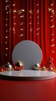 palcoscenico con le tende e faretti rosso podio Natale leggero decorazione ai generato foto
