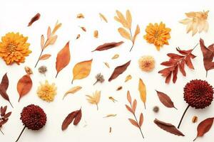 autunno le foglie sfondo. autunno composizione secco fiori e le foglie su bianca. ai generato foto