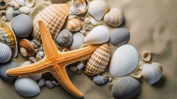 mare conchiglie su il sabbia stella marina mare pietre e conchiglie sfondo ai generato foto