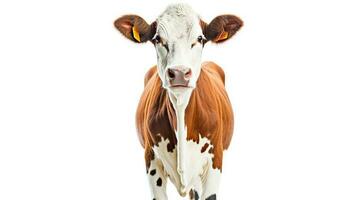ritratto di un' mucca. macchiato mucca guardare a telecamera contro bianca sfondo. ai generativo foto
