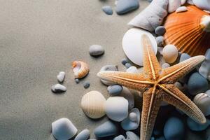 mare conchiglie su il sabbia stella marina mare pietre e conchiglie sfondo ai generato foto