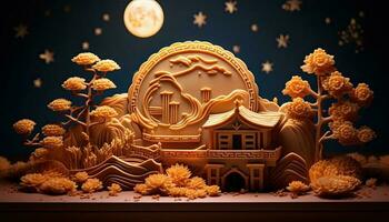 generativo ai illustrazione di Cinese medio autunno Festival Luna torte disposte su un' tradizionale Cinese porcellana piatto, impostato su un' rustico di legno tavolo foto