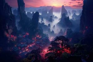 generativo ai illustrazione di spettacolare epico vista di eccessivamente glorioso trippy antico rituale zhangjiajiei, vivace , Bellissima. orientale fantasia, bene dettagli foto