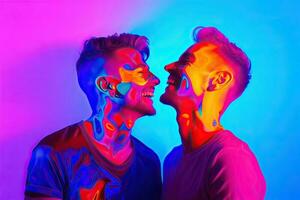 generativo ai illustrazione di sorridente coppia gay, lgbt concetto, positivo e gioioso. neon club colore sfondo foto