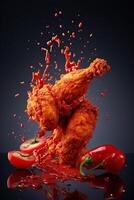 generativo ai illustrazione di rosso chili Pepe spruzzi con fritte pollo su solido colore sfondo foto