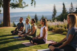 generativo ai illustrazione di gruppo di maturo uomini e donne nel classe a all'aperto yoga ritiro foto