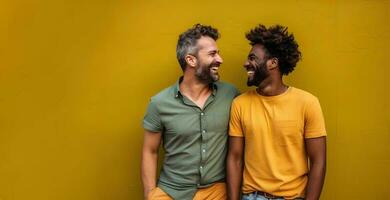 generativo ai illustrazione di sorridente coppia gay, lgbt concetto, positivo e gioioso. foto