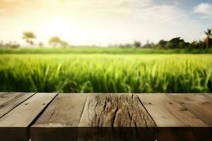 legna tavolo con riso i campi su sfondo. generativo ai foto