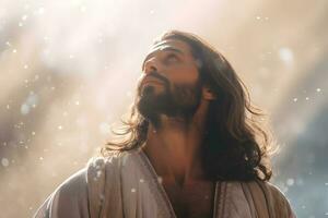 Gesù Cristo ascendente per Paradiso sopra il luminosa leggero cielo. generativo ai foto
