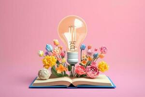 generativo ai illustrazione di carta tagliare leggero lampadina galleggiante a partire dal Aperto libro ambiente colorato fiori, rosa pastello sfondo foto