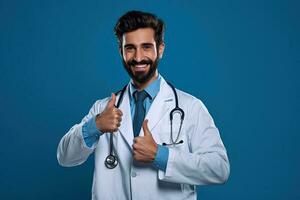 generativo ai illustrazione di bello arabo medico con stetoscopio nel bianca cappotto mostrando pollice su su blu sfondo foto