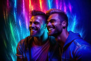 generativo ai illustrazione di sorridente coppia gay, lgbt concetto, positivo e gioioso. neon club colore sfondo foto