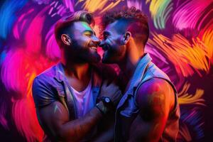 generativo ai illustrazione di sorridente coppia gay, lgbt concetto, positivo e gioioso. neon club colore sfondo foto