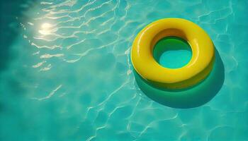generativo ai illustrazione di acqua piscina estate sfondo con piscina galleggiante squillo. estate blu acqua strutturato sfondo foto