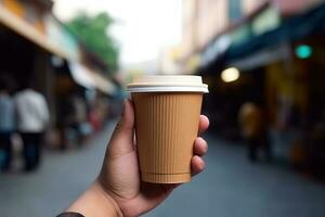 generativo ai illustrazione di carta caffè tazza nel un' mano con isolato sfocato sfondo foto