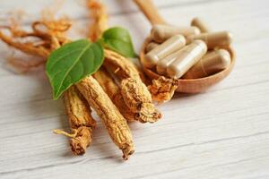 radici di ginseng e foglia verde, cibo sano. foto