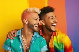 generativo ai illustrazione di sorridente coppia gay, lgbt concetto, positivo e gioioso. arcobaleno colore sfondo foto