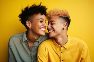 generativo ai illustrazione di lgbt lesbica coppia amore momenti felicità concetto foto