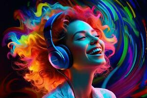 generativo ai illustrazione di sorridente donna ascoltando per musica - positivo e gioioso. solido colore neon sfondo foto