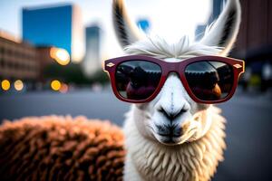 vicino su ritratto di un' lama con il occhiali, nel il città. ai generativo. foto