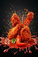 generativo ai illustrazione di rosso chili Pepe spruzzi con fritte pollo su solido colore sfondo foto