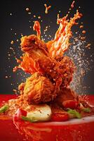 generativo ai illustrazione di rosso chili Pepe spruzzi con fritte pollo su solido colore sfondo foto