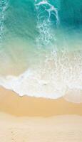 generativo ai illustrazione di un' sereno aereo Visualizza di un' incontaminato bianca sabbia spiaggia circondato di cristallo chiaro turchese acque foto