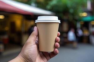 generativo ai illustrazione di carta caffè tazza nel un' mano con isolato sfocato sfondo foto