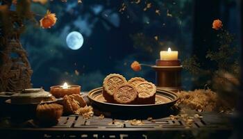 generativo ai illustrazione di Cinese medio autunno Festival Luna torte disposte su un' tradizionale Cinese porcellana piatto, impostato su un' rustico di legno tavolo foto