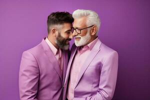 generativo ai illustrazione di un' sposato, anziano gay maschio coppia abbraccio ogni altro nel un' mostrare di amore e affetto foto